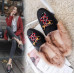 Womens Real Leather Rabbit Fur Flat Slippers Slip on Mulrs Embroidered Shoes sz